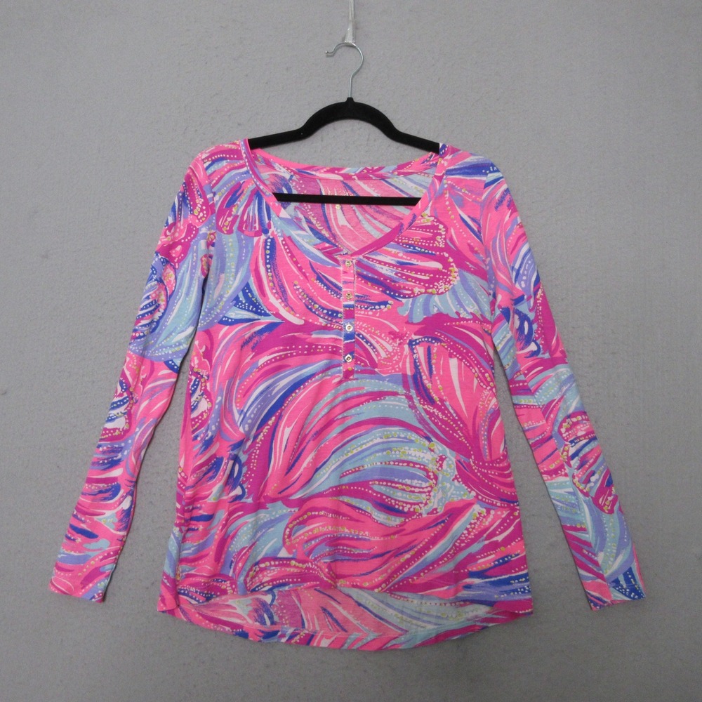 Lilly‎ Pulitzer Top XS Pink Blue Sorella Henley Oh My Guava Pima Cotton Vibrant
